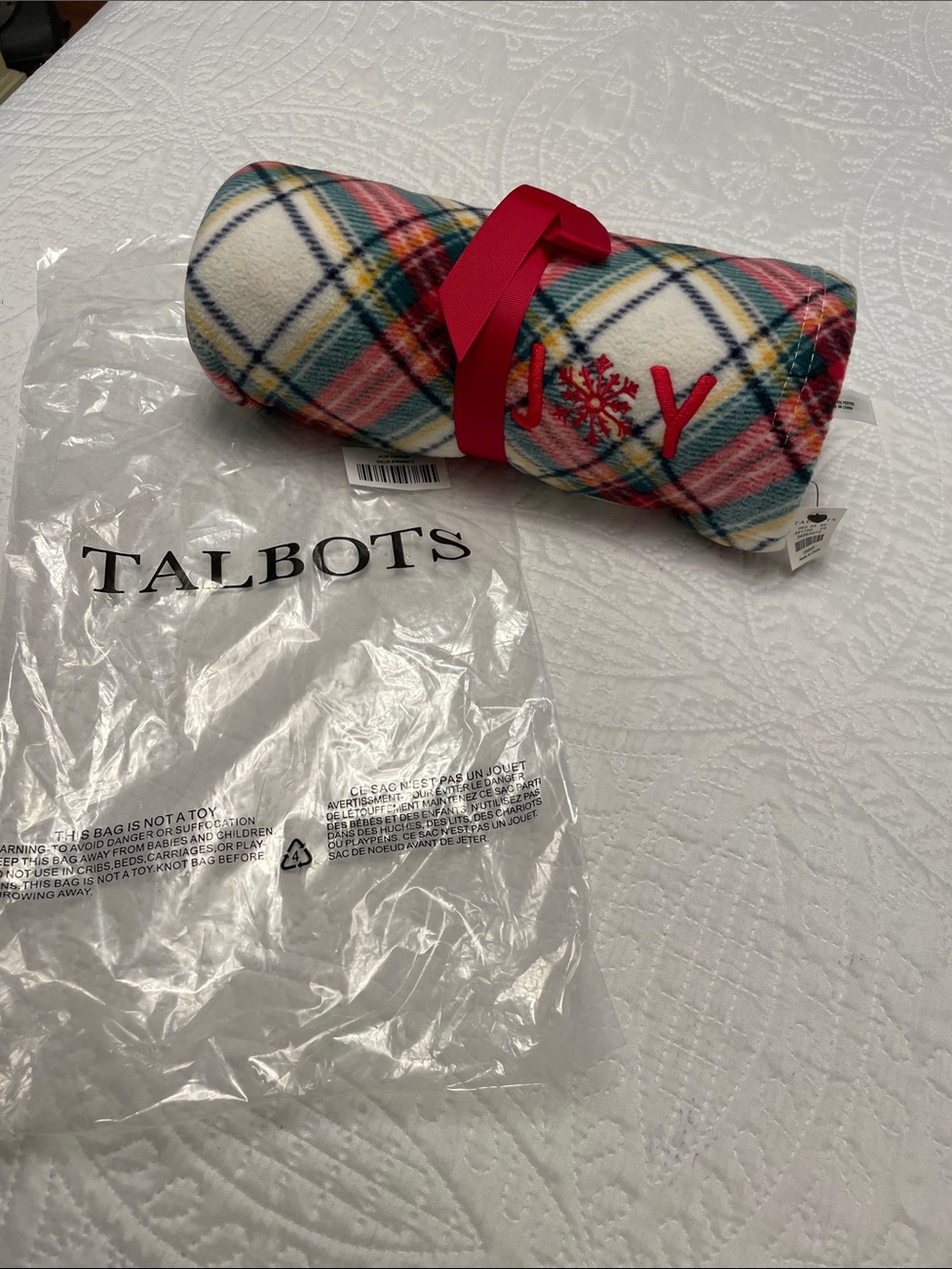 NWT TALBOTS JOY Embroidery Plaid Tartan Warm Fleece Throw Blanket in Bag
